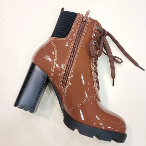 Cognac Patent Zip-Up Platform Bootie High chunky heel - Picture 2 of 6